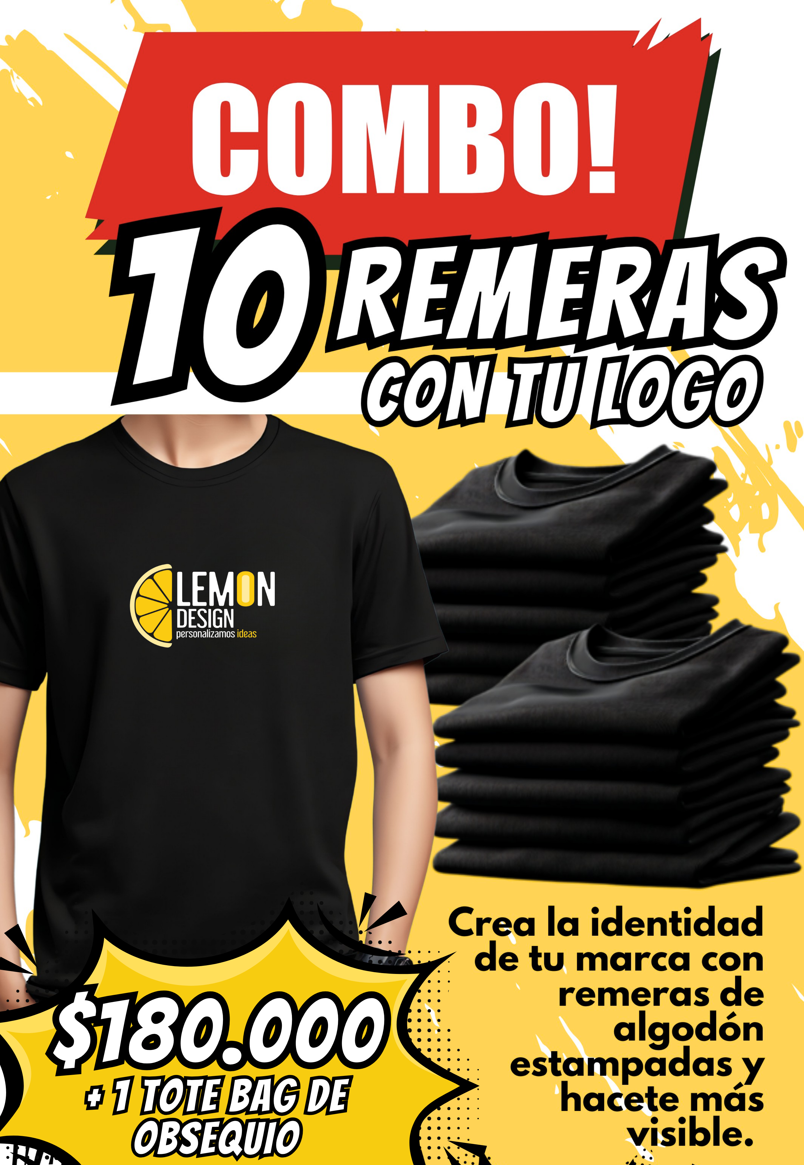 Promo combo 10 remeras con tu logo a 180000 pesos y tote bag de obsequio